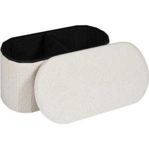 30" Oval Foldable Ottoman with Storage, Teddy Boucle Fabric Footrest, Storage Bench for Living Room, Bedroom, Entryway, Dorm, White, 30"D x 15"W x 15"H