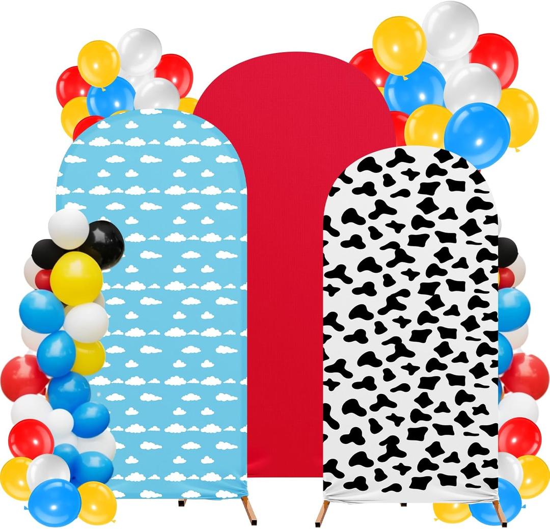 Arch Backdrop Cover Set of 3 Wedding Arch Covers Spandex Backdrop Stand 4ft, 5ft, 6ft for Wedding Birthday Banquet Boy Girl Ceremony Decoration(Blue,Cartoon Story) (Cartoon Story, Blue)