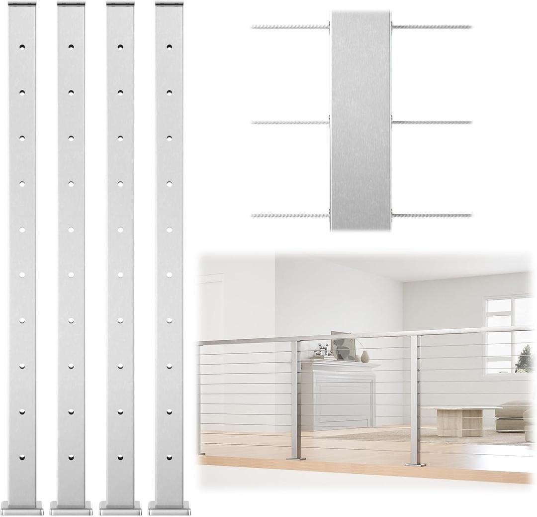 Muzata 4Pack Cable Railing Post 36 Inch 36"x2"x2" Level Drilled Surface Mount Brushed T304 Stainless Steel Cable Railing System Kit Indoor Outdoor with Paper User Guide PS02 LH4S