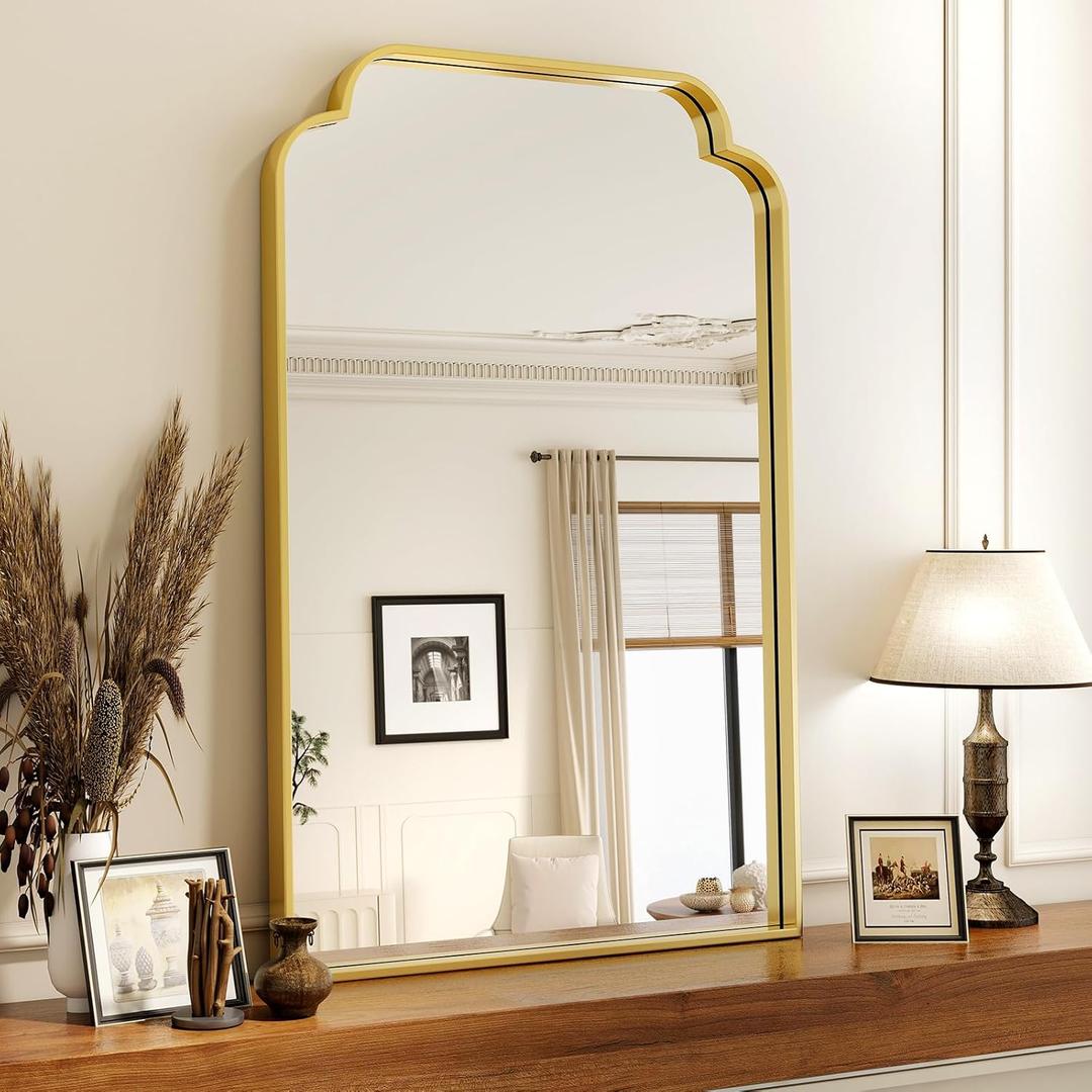 24" x 36" Gold Arch Bathroom Mirror, Wall Mounted Vanity Mirror with Metal Frame, Modern Scalloped Wall Mirror for Sink, Bedroom, Living Room, Entry, Farmhouse Home