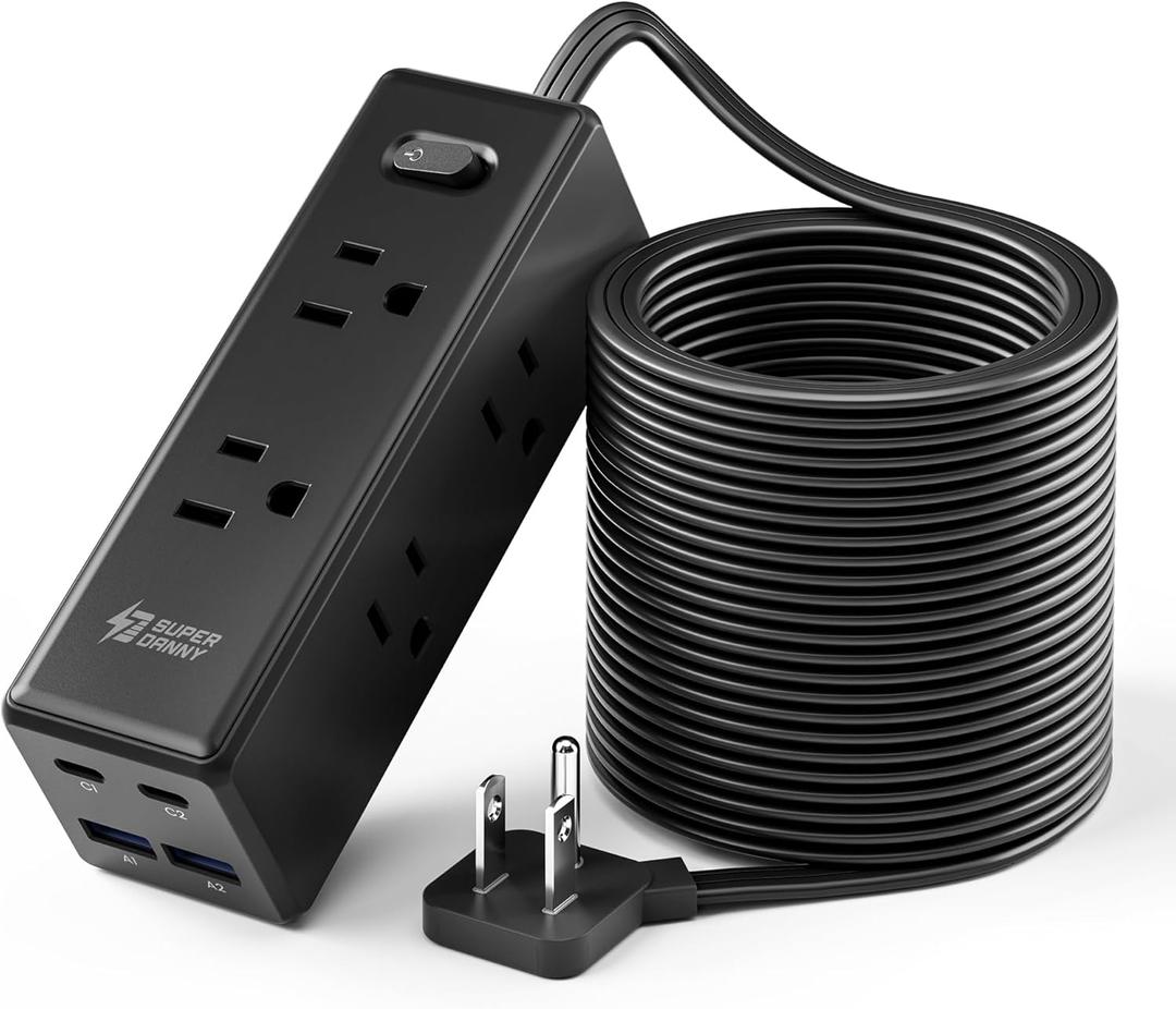 20 Ft Extension Cord with Multiple Outlets, Long Extension with 6 Outlets 4 USB Ports(2 USB C), Flat Plug Surge Protector Power Strip for Home, Office Supplies, Dorm Essentials, Black