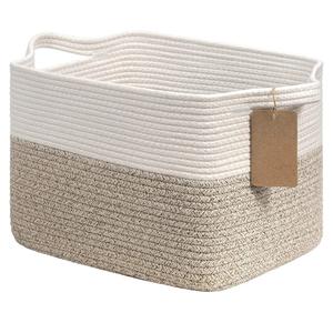 Goodpick Woven Storage Basket, Cotton Rope Basket for Dog Toys, Books, Stylish Gift Basket with Handles, 13 x 10 x 9 Inches Square Baskets for Organizing, Brown and White