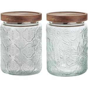 24 OZ/2 PCS Glass Storage Jar with Airtight Bamboo Wooden Lids, Vintage Food Containers Canisters Sets for Kitchen Counter Pantry, Sugar, Flour, Candy, Tea, Coffee Beans, Oats, Grain Bin, Pasta, ((24oz) Sunflower+Begonia)