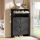 Shaker Barn Door Shoe Cabinet - 3 Flip Drawers & 3-Tier Adjustable Shelves, Ultra Slim Freestanding, Modern Rustic Brushed Black Farmhouse Shoe Rack for Entryway, Hallway, Foyer & Mudroom Black