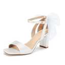 Coutgo Womens Wedding Shoes for Bride Bow Tie Heeled Sandals Chunky Heels Satin Ankle Buckle Dress Shoes, White, Size 7.5