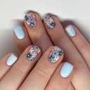Square Press on Nails Short Fake Nails Full Cover False Nails with Blue Flower Designs Acrylic Nails Artificial Glossy Daisy Stick on Nails Reusable Floral Glue on Nails for Women Manicure 24Pcs