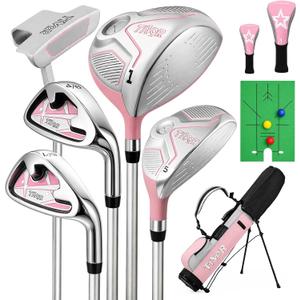 Kids Golf Clubs Set for Ages 9-12,Right Left Handed Youth Golf Clubs Set with 400cc Driver, Hybrid, 7 Iron, 9 Iron, Wedge, Putter, Stand Bag & 2 Headcovers,Junior Golf Clubs,Blue Yellow Pink