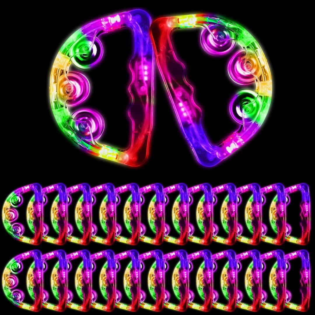 Yunsailing 24 Pack LED Light up Tambourines Musical Flashing Tambourine Toys Handheld Percussion Instrument Glow in The Dark Party Supplies for Teenagers Adults Wedding Party Favors (White, Blue, Pink, Green)