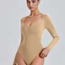 Avidlove Bodysuits for Women Long Sleeve Body Suits Womens Scoop Neck Bodysuit Double Lined Tops (Beige, XS)