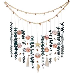 Genuine Eucalyptus Wall Decor with Natural Seashell Beach Decor Coastal Home Decorations with Fresh Eucalyptus Stems Hanging Wooden Bead Garland for Large Bedroom Bathroom Living Room 32 x 32 Inch