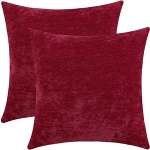 Wine Red Cozy Soft Throw Pillow Covers, Burgundy Decorative Chenille Square Couch Cushion Cases for Sofa Living Room Decor, Set of 2, 20 x 20 Inches