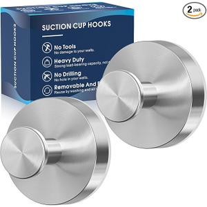 Upgraded Suction Cup Hooks for Shower, Heavy Duty Removable Towel Hooks for Bathroom Glass Door Wall, Stainless Steel Shower Hooks for Towel & Loofah (2 Pack, Silver)