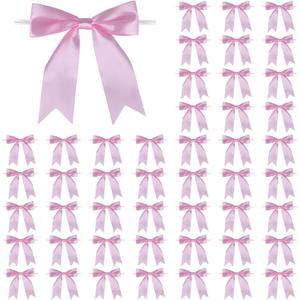 50 Pcs 5 Inches Twist Tie Satin Ribbon Bows Pretied Premade Craft Bows for Treat Bags Gift Wrapping Basket Wedding Baby Shower Brithday Christmas Party (Pink)