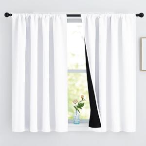 NICETOWN White 100% Blackout Curtains 45 inches Long, Rod Pocket Basement Completely Blackout Window Treatment Thermal Insulated Lined Drapes for Small Window (1 Pair, 52 inches Width Each Panel)
