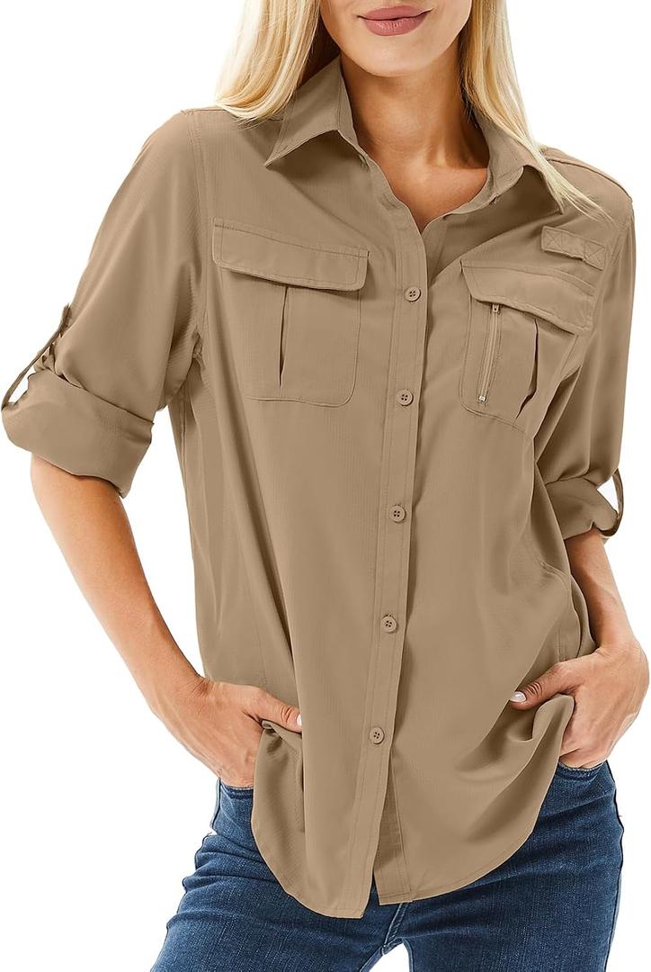 Women's UPF 50 Long Sleeve Sun Protection Safari Fish Hiking Shirts (Brown, L)
