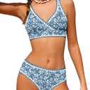 KANGKANG Girls Swimsuit Bikini Set Solid Color V-Neck Two Piece Bathing Suit with Chest Pad Adjustable Straps Swimwear 7-16T (13-14 Years, Blue Floral)