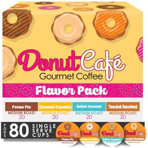 Donut Caf - Gourmet Coffee Medium Roast Flavored Variety Pack Pecan Pie, Coconut Crumble, Salted Caramel, Toasted Hazelnut Single Serve Coffee Pods for Keurig K Cup Brewers 80 Count (EXP 05/05/28)