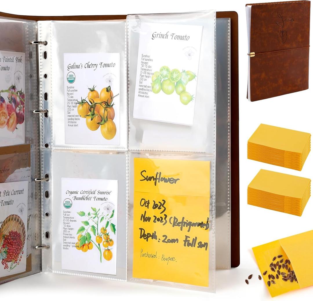 Seed Packet Organizer Binder, Garden Planner Packet with 25 Pack Clear Pocket Sleeves(Slot 3.9" x 5.5") 50Pcs Seed Storage Envelopes, Fit for Standard Seed Packets (Brown)