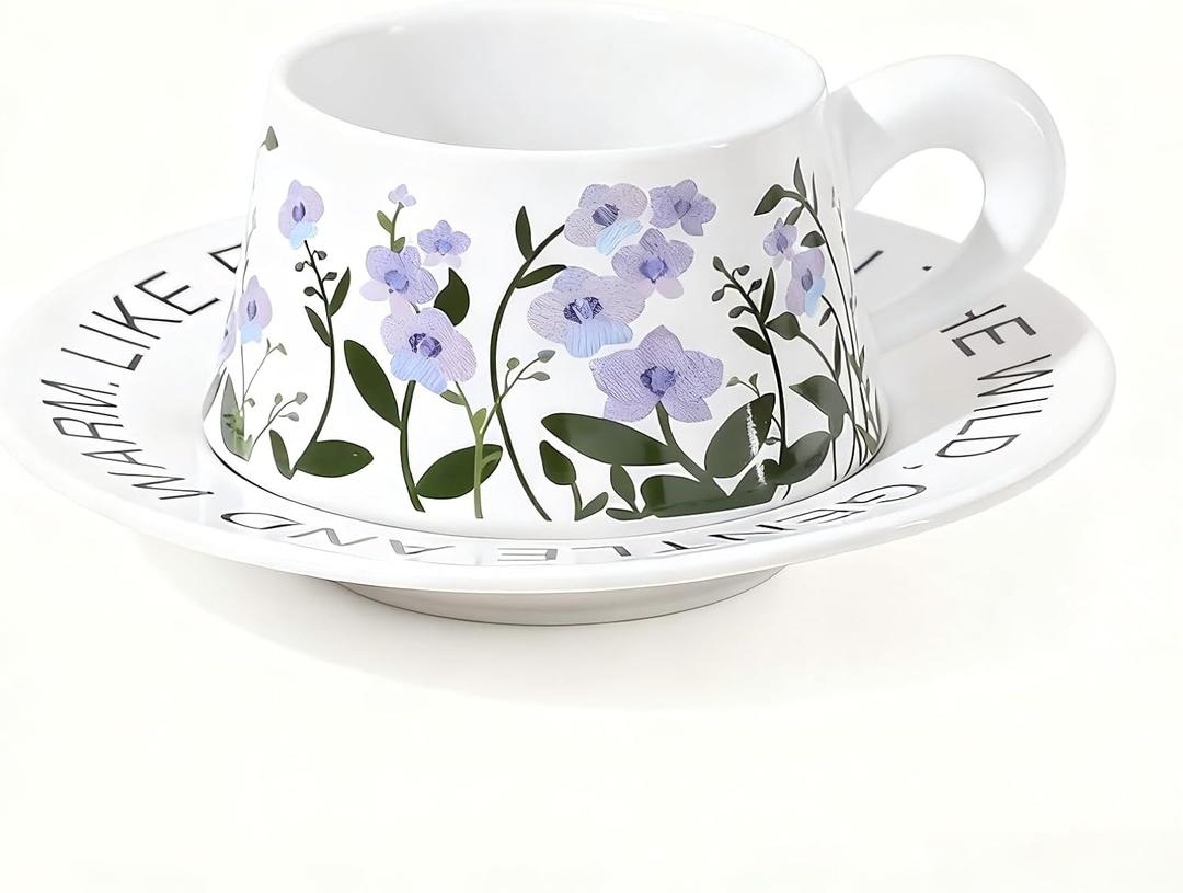 Cute Ceramic Coffee Mug and Saucer Set for Women, Spring Floral Embossed Design, 9.5oz/280ml, Perfect for Home, Office & Holiday Gifts (White Purple Orchid)