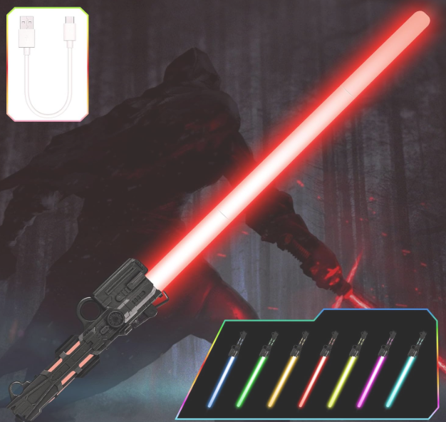 OSDUE Lightsaber for Kids, 7 Color Rechargeable Light Up Saber with FX Sound & TypeC Charging Cable, Expandable Light Swords for Star War Fighters & Warriors Children's Day New Years Gifts (Black)