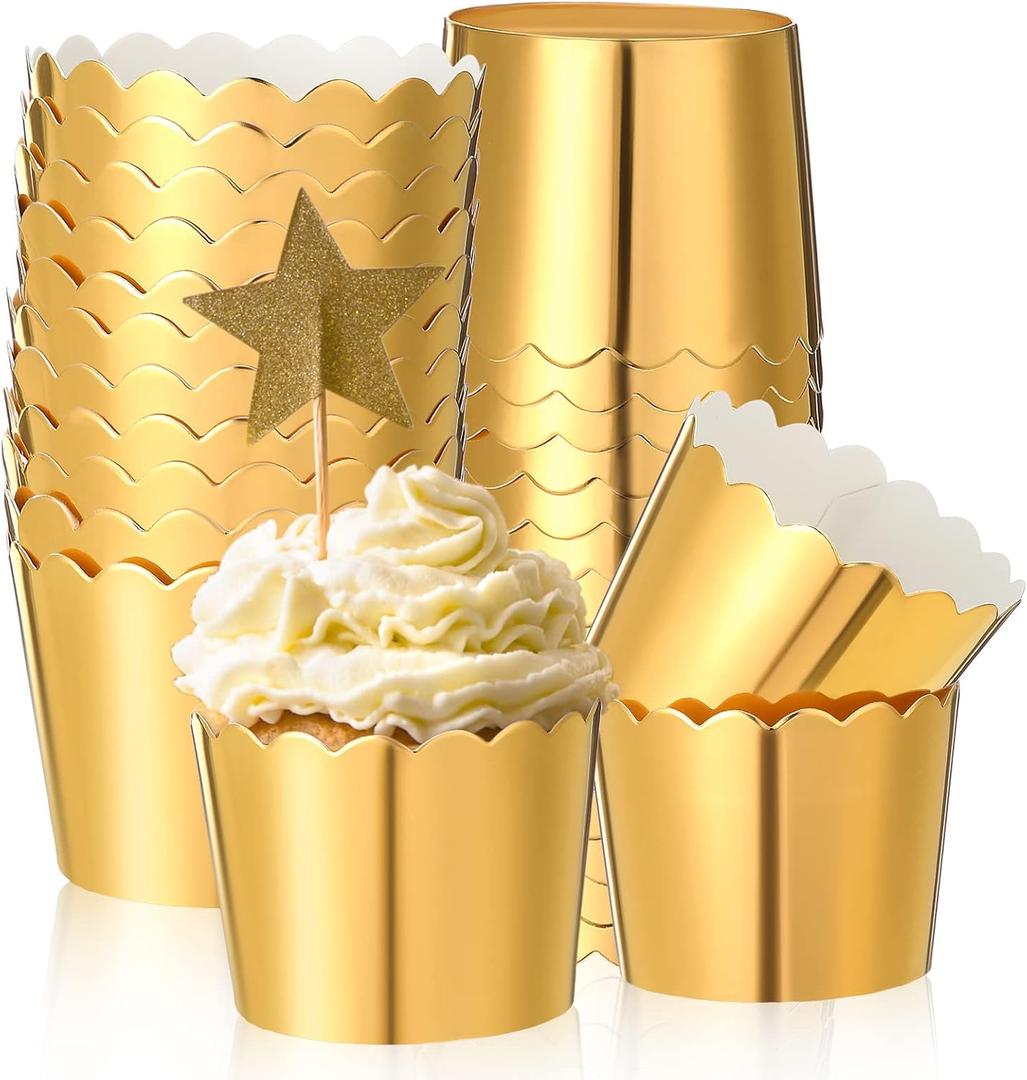 Meanplan 100 Pcs Foil Cupcake Liners Sturdy Muffin Baking Cups Cupcake Wrappers for Christmas Wedding Birthday Party Decoration, 1.97 x 1.77 Inch (Gold)