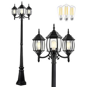 PARTPHONER Outdoor Lamp Post Light 3-Head, Classic Black with Clear Glass Panels, E26 Base Maximum 100W (3 LED Bulbs Included), Waterproof Street Light for Backyard, Garden, Driveway Glasses damaged