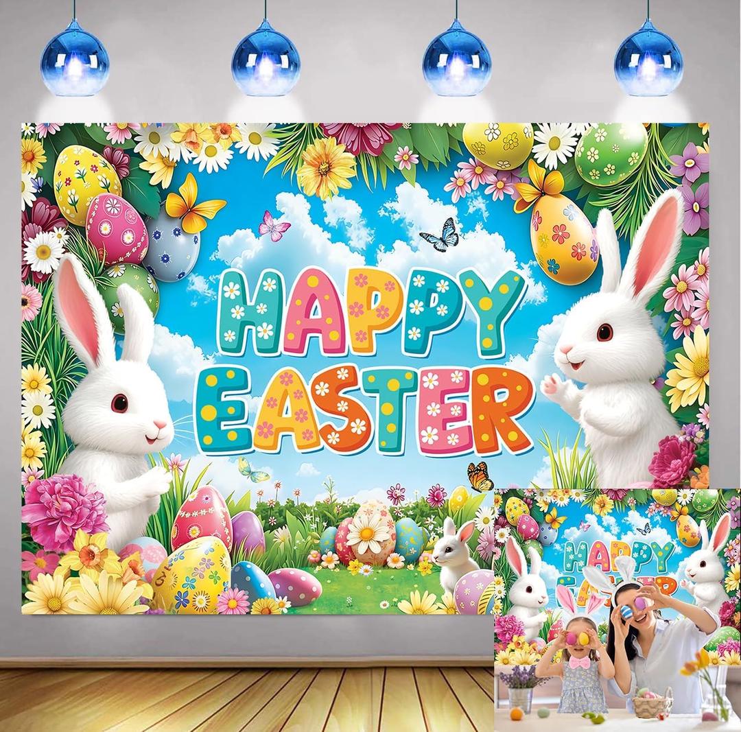 Happy Easter Backdrop Colorful Eggs Bunny Floral Background for Spring Easter Party Banner Decoration Kids Birthday Baby Shower Event Supplies Photo Booth Props 8x6FT