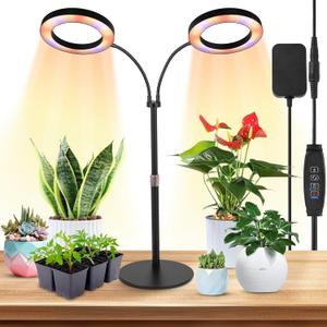 Dual-Head Grow Lights for Indoor Plants, LED Full Spectrum Plant Lamp with Timer 3/9/12H, 10 Dimmable Levels, Flexible Gooseneck, Height Adjustable 14"-23" for House Plants & Seedlings