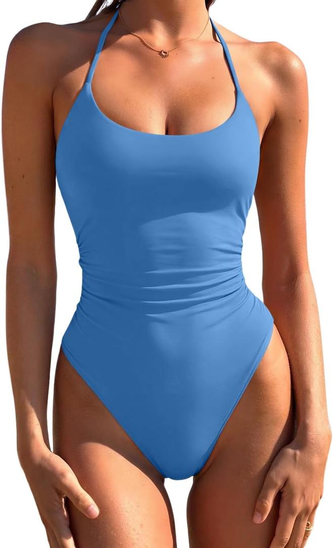 LASLULU Women's One Piece Swimsuits Sexy Halter Backless Slimming Bathing Suit Tummy Control Swimsuit (Blue, M)