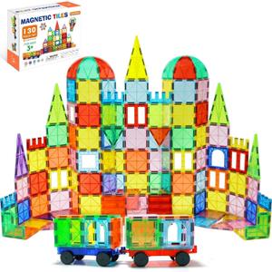 EchoPlan Magnetic Tiles, 130PCS Magnetic Blocks with 2 Cars, Magnet Tiles 3D Clear Building Blocks Set, STEM Sensory Educational Toys Gift for Toddlers Kids Boys 3 4 5 6 7 8 9+ Year Old