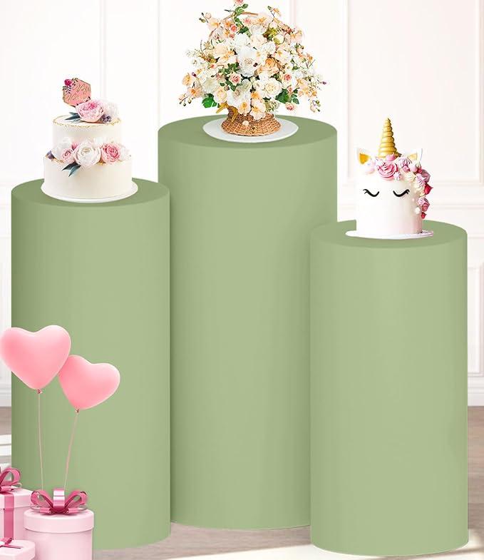 Cylinder Stand Covers Set of 3 Sage Green Pedestal Covers Spandex Cover for Cylinder Pedestal Round Cylinders Cover Dessert Table Display Plinth Pillars Cover for Birthday Wedding Decor