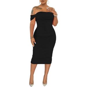 PINSV Women Ruched Off Shoulder Dress Bodycon Party Elegant Midi Dresses (XX-Large, 3288 Black)