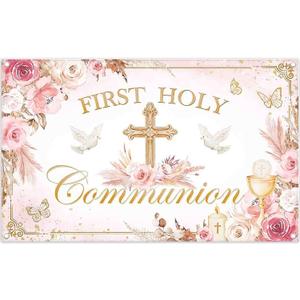 72x43inch Pink First Holy Communion Backdrop Cross Eucharist Flower Photography Background Newborn Christening Party Baby Shower Decorations Photo Banner Props