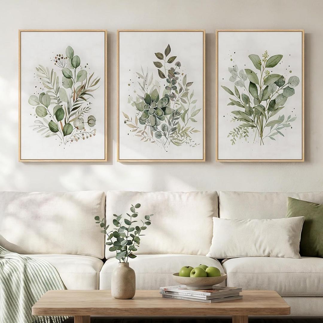 Framed Botanical Wall Art for Living Room, 3 Piece Neutral Sage Green Eucalyptus Leaf Canvas Prints, Modern Minimalist Watercolor Plant Pictures for Dining Room Bedroom Office Wall Decor, 16x24 inch