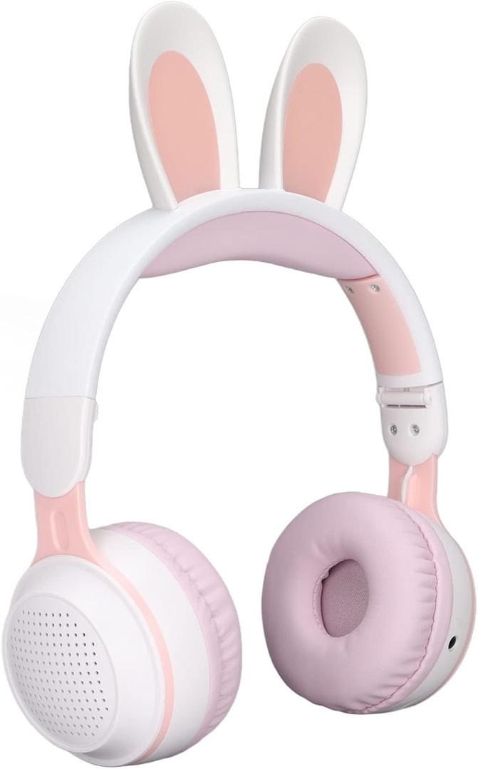 Foldable Bluetooth 5.0 Headphones with Microphone Cute Rabbit Ear Over Ear Headphones for Teens Adults, 12 Hours of Listening Time, TF/Aux, Built in 7