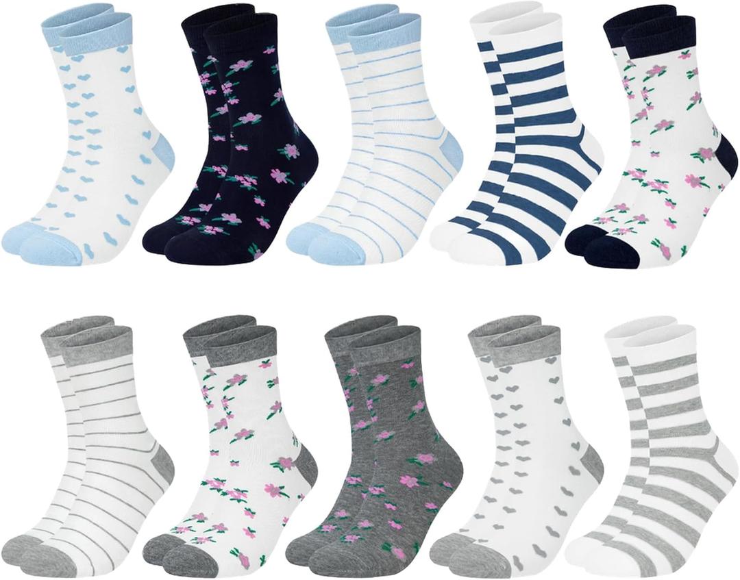 10 Pairs Womens Cotton Socks Soft Ladies Multiple Colors Patterned Original Design Gifts Socks for Womens Girls (Mixed Color 9)