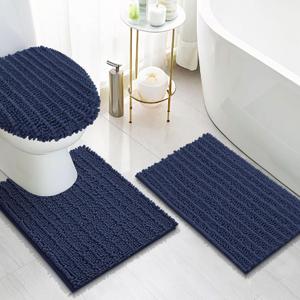 Arotive Luxury Chenille Bathroom Rugs 3 Piece with Toilet Lid Cover, Shaggy Soft and Absorbent Bath Rug, Non-Slip, Machine Washable Bath Mats for Bathroom24x16+24x20+17.5x15, Navy