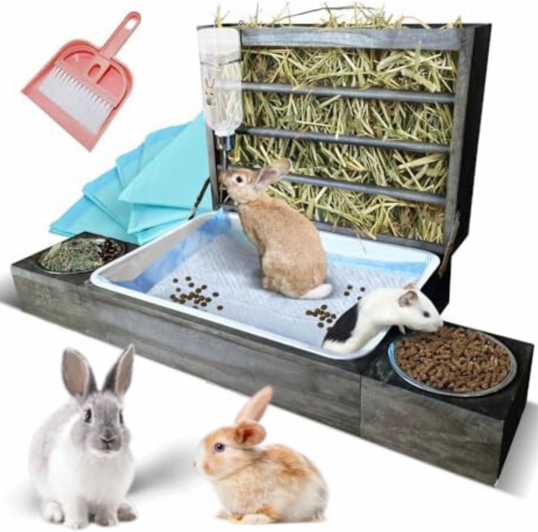Extra-Large 4in1 Rabbit Litter Box with Hay Feeder Set for Small Pets - Durable Wood Guinea Pig & Bunny Litter Box with Hay Feeder, Food & Water Bowls, Drinking Bottle, Pee Mats, Dustpan & Brush Set