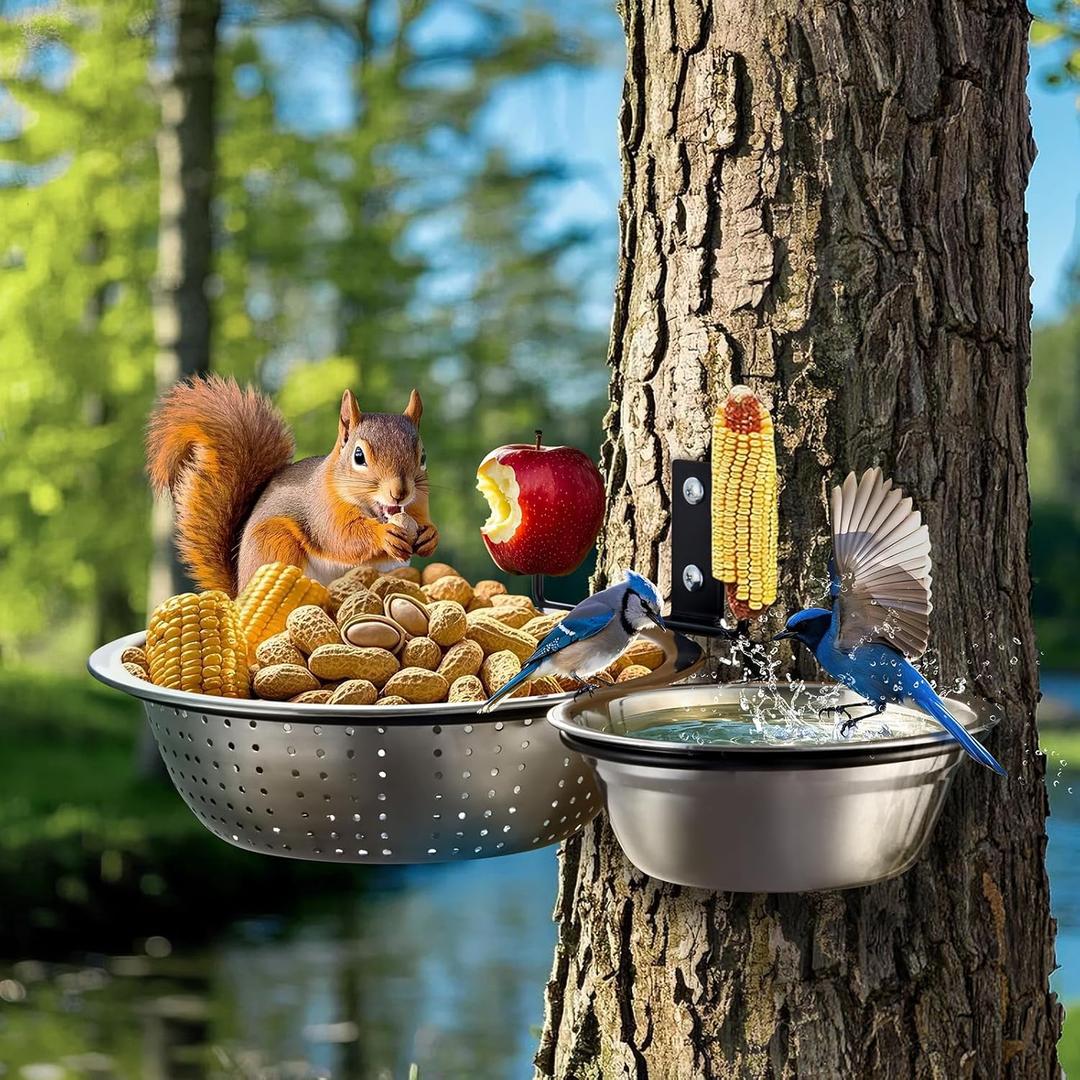 2-Hoop Squirrel/Bird Feeder, 2025 Cute Metal Bowl Outside Tree Mounted, 8.5" Drainage + 5.5" Solid Bowl for Food/Water, Perfect Squirrel Feeders for Yard