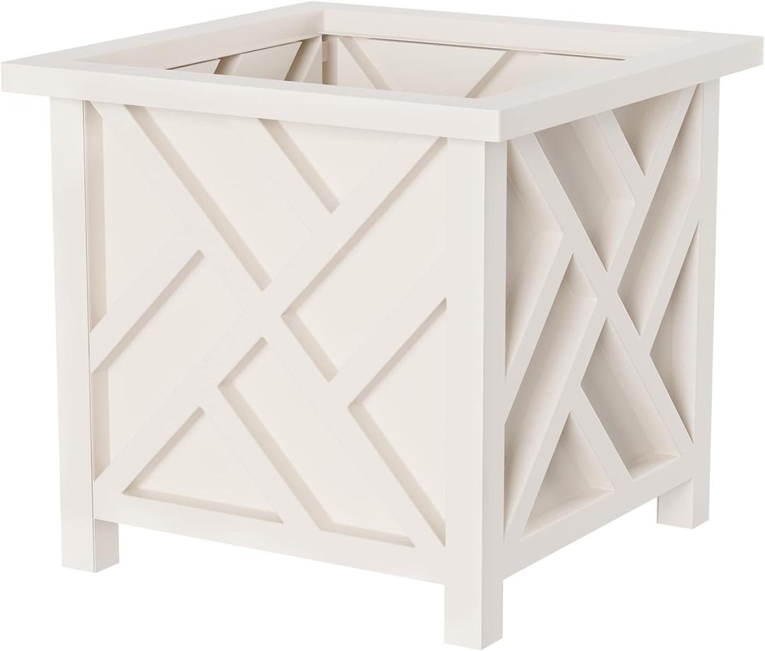 Lattice Design Outdoor Planter Box - 14.75 Square 13 Tall White Plant Pot - Decorative Plant Pots for Front Porch Decor - Flower Pots Outdoor Planters for Porch Patio or Garden Decor by Pure Garden (1 unit)