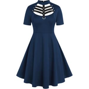 ROSE GAL Rosegal Gothic D-Ring PU Leather Panel Ladder Cutout Dress (2X, Blue_1)