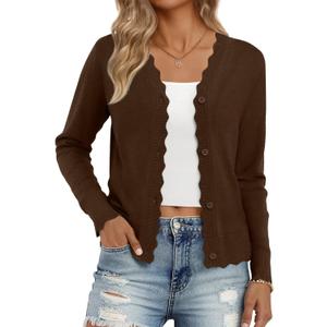 LILLUSORY Womens Cardigan Sweaters Long Sleeve Casual Lightweight Button Down V-Neck Fall Clothes 2025 (Medium, Coffee)