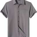 Men's Short Sleeve Button Down Shirts Casual Blending Beach Shirt with Chest Pocket Classic Fit Summer Tops (Gray, S)