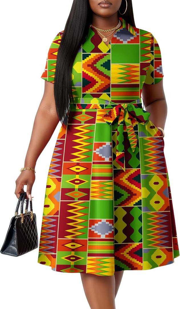 FANDEE Plus Size Dresses, Women Summer Casual V Neck Short Sleeve A-Line Cocktail Shirt Midi Dress with Belt and Pockets (Green Geo Print), Size: 4X-Large