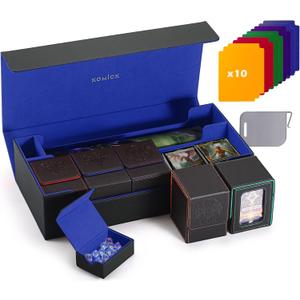 Premium Deck Box MTG with Playmat and Dice Tray, Holds 5 Display Deck Case or 800+ Sleeved Cards,10 Colorful Dividers & Card Supporter, Durable Trading Card Storage for MTG, YuGiOh, TCG, Sports Cards (Black / Blue)