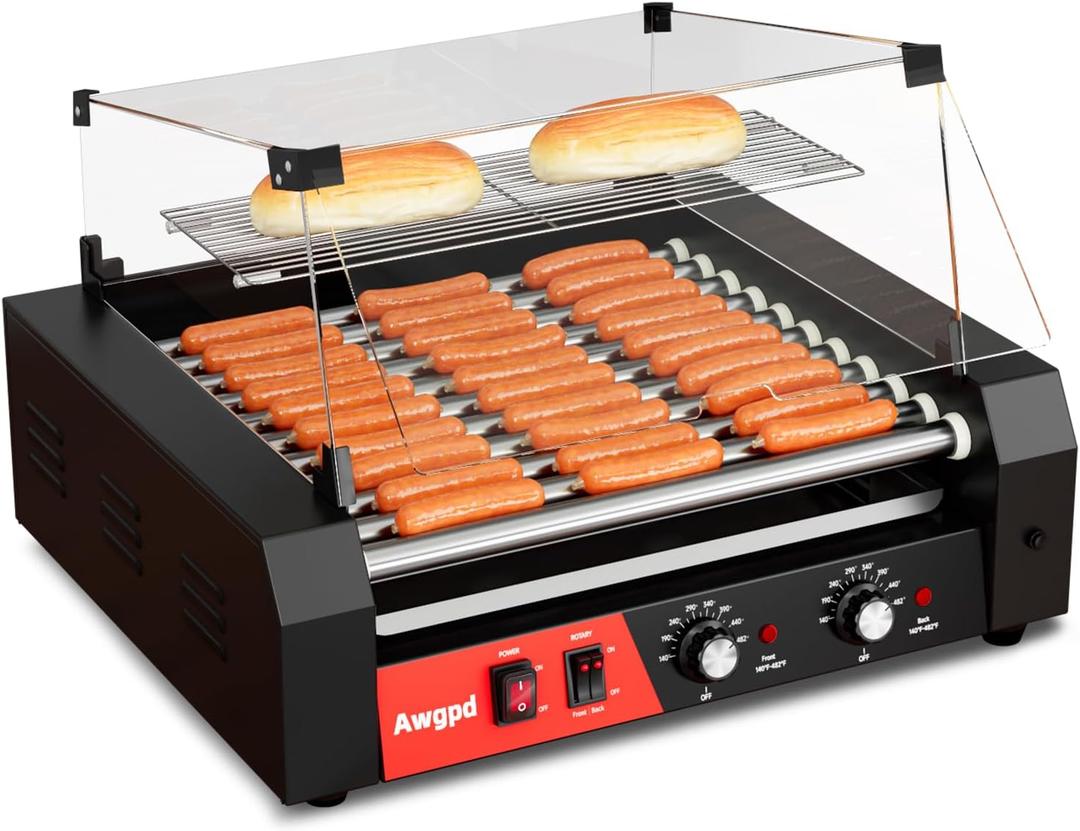 1650W Commercial Hot Dog Rollers,11 Rollers 30 Hotdog Roller Grill,Stainless Steel Hot Dog Machine With Dust Cover,Hot Dog Roller Machine With Dual Temp Control Bun Warmer Shelf Removable Drip Tray