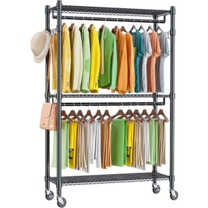 Homdox Double Rod Closet 3 Shelves Wire Shelving Clothing Rolling Rack Heavy Duty Garment Rack with Wheels and Side Hooks