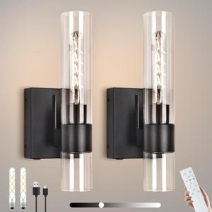 BELS Battery Operated Wall Sconces Set of Two, 13 Inch Black Wireless Wall Light with Clear Glass, Dimmable, 4000K, Remote Control, Rechargeable Wall Sconce for Bedroom, Living Room, Hallway