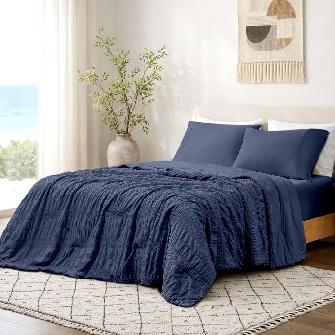 Cozy Bliss Striped Seersucker Cooling Comforter Queen Size, Lightweight Airflow Silky Cooling Bedding with Q-Max>0.45 for Bedroom, Home Decor, Hot Sleepers & Night Sweats, Navy Blue 90"x90"