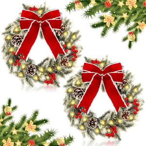 Giegxin 2 Pcs Christmas Lighted Wreath with Pinecones Red Berries Snowflake Decor and Large Red Bowknot Christmas Outdoor Wreath with LED Warm Lights for Xmas Winter Holidays Decoration (Elegant)